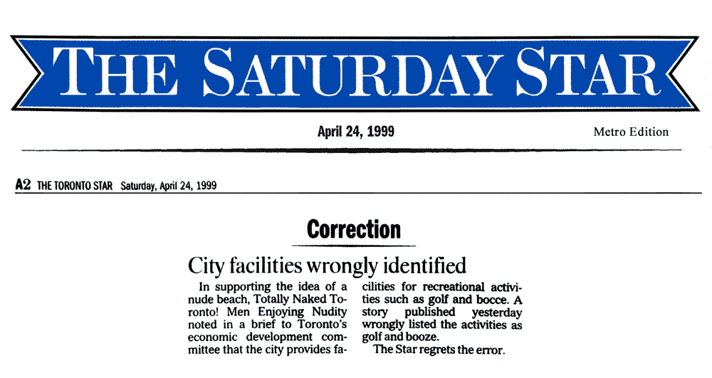 Toronto Star 1999-04-24 - Correction re front-page article of April 23, 1999